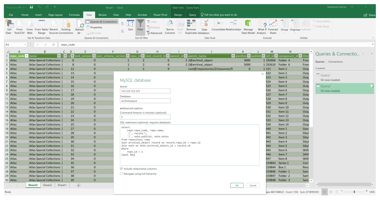 Query Results in Excel
